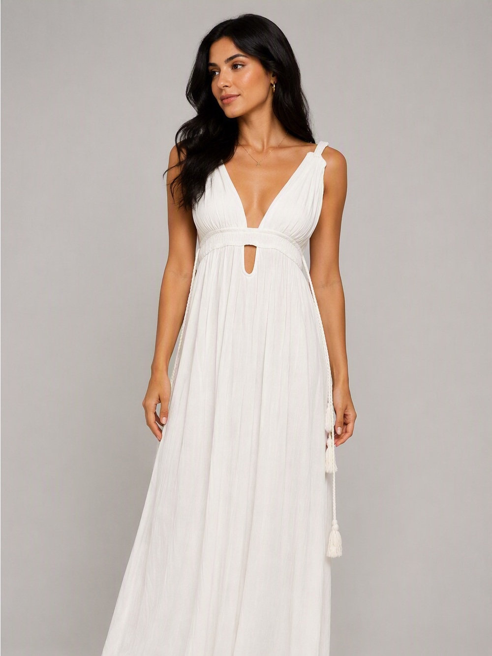 Plunging V-Neck White Maxi Dress with Tassel Waist Tie